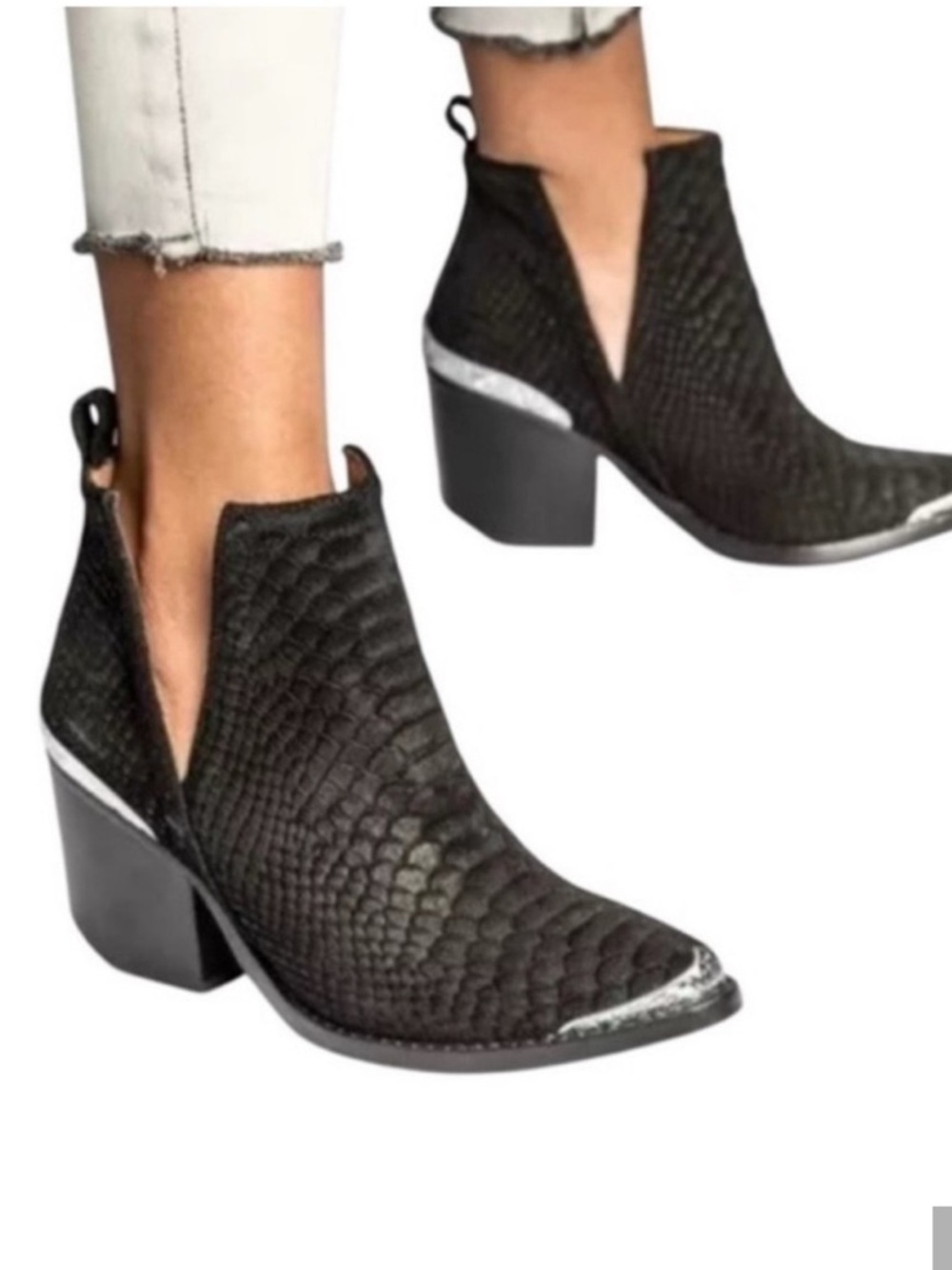 Jeffrey Campbell Black Textured Western Ankle Booties with Silver Toe Accent